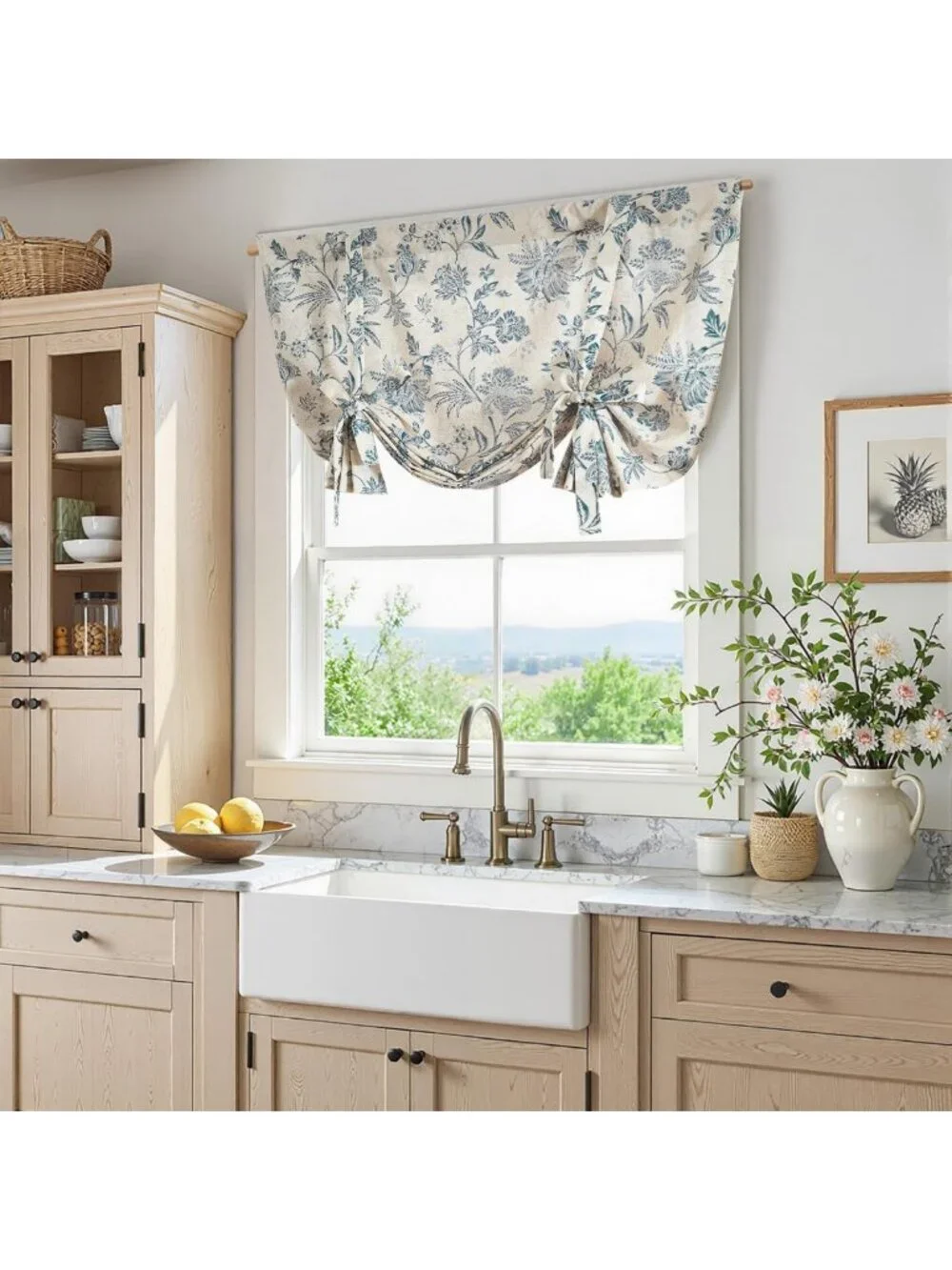 Floral Tie-Up Linen Valance Curtains for Windows - 45
